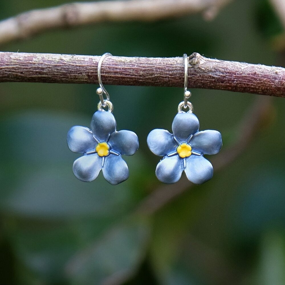 Alexander Thurlow Forget Me Not Blue Flower Drop Hook Earrings Silver Plated